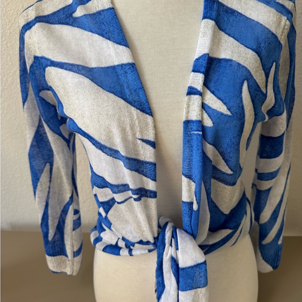 NIC + ZOE Blue and White Tie-Front Women's Top Cardigan